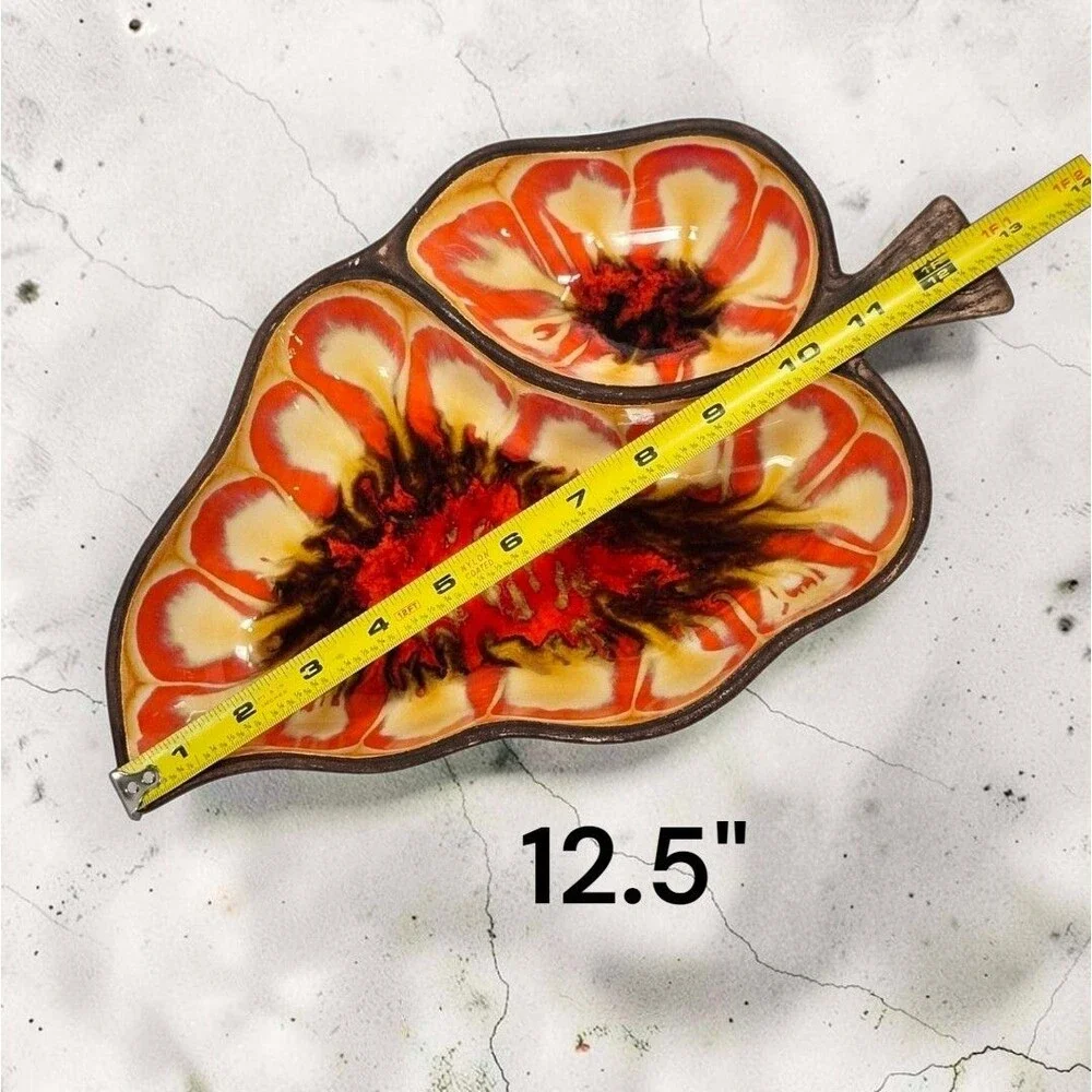 Vintage Treasure Craft 376 Leaf Chip & Dip Tray Orange Drip Glaze 1970s Decor